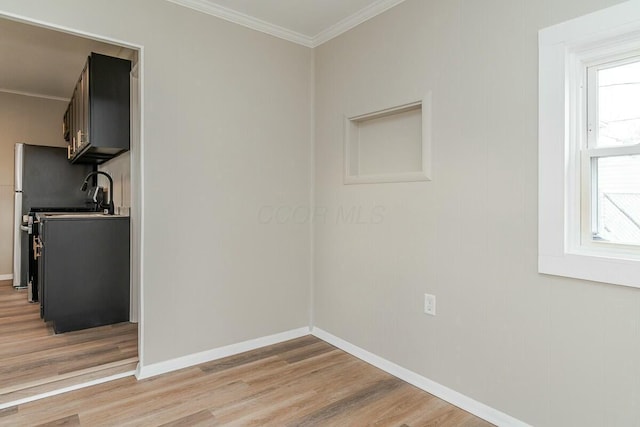 empty room featuring crown molding and light hardwood / wood-style floors