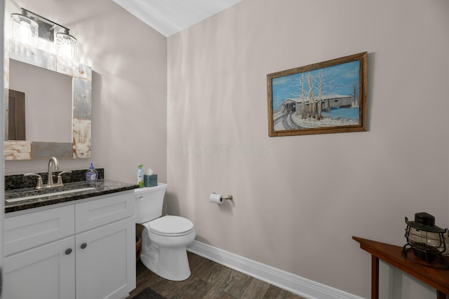 bathroom with vanity, toilet, and hardwood / wood-style floors