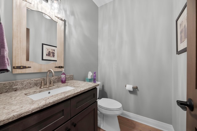 bathroom featuring vanity, wood-type flooring, and toilet