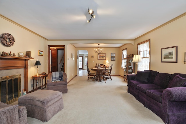 carpeted living room with ornamental molding