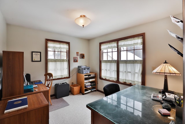 home office with light colored carpet