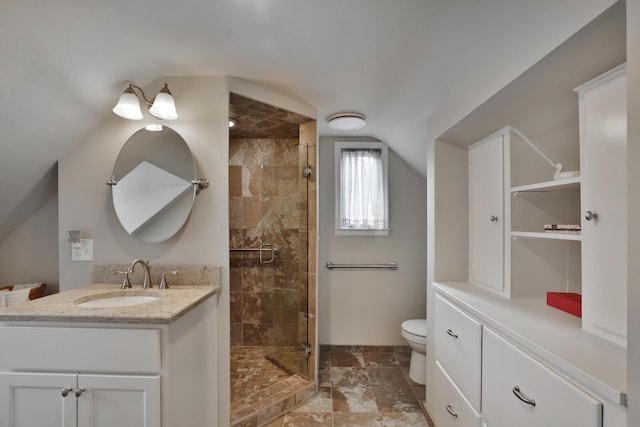 bathroom featuring vanity, vaulted ceiling, toilet, and walk in shower