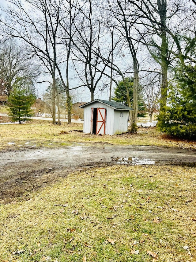 view of yard with a storage shed