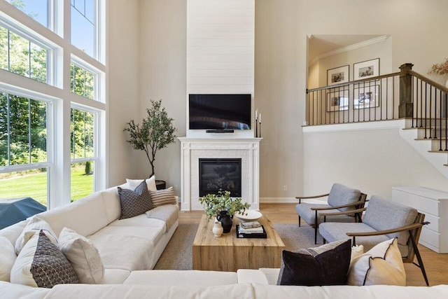 living room with hardwood / wood-style flooring, a healthy amount of sunlight, and a tile fireplace