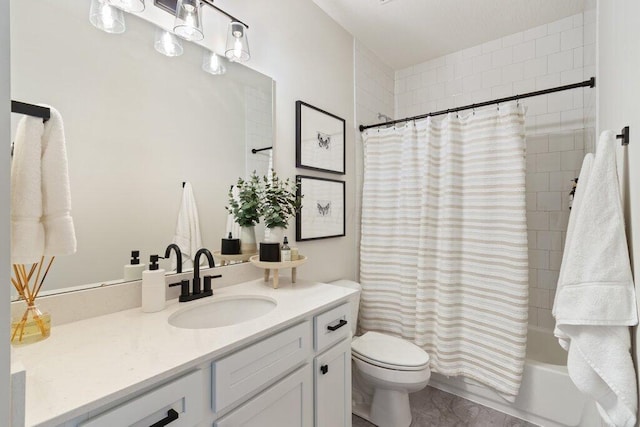 full bathroom featuring vanity, shower / bath combination with curtain, and toilet