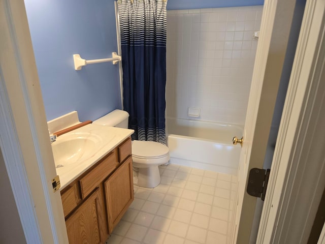 full bathroom featuring vanity, shower / tub combo, and toilet