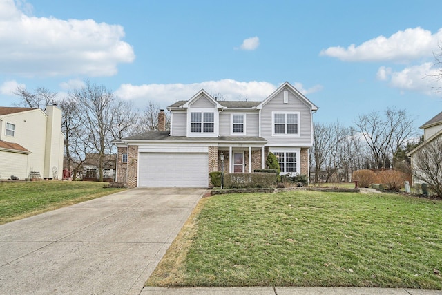 view of front property featuring a garage and a front lawn