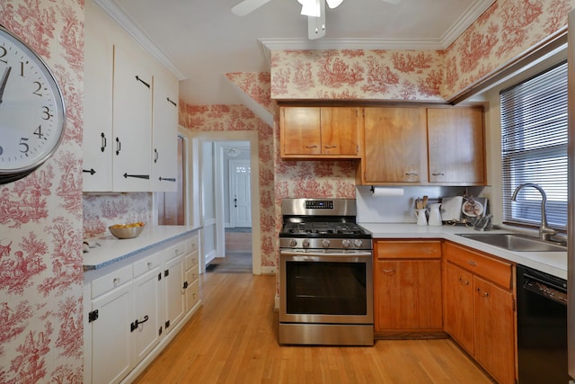 kitchen featuring sink, light hardwood / wood-style flooring, ornamental molding, stainless steel range with gas cooktop, and black dishwasher