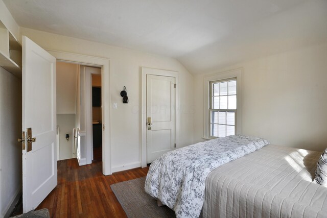 bedroom with lofted ceiling and dark wood-type flooring