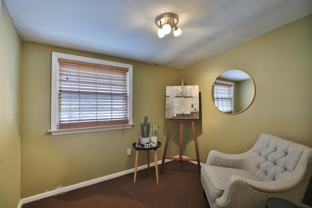 living area with carpet and lofted ceiling