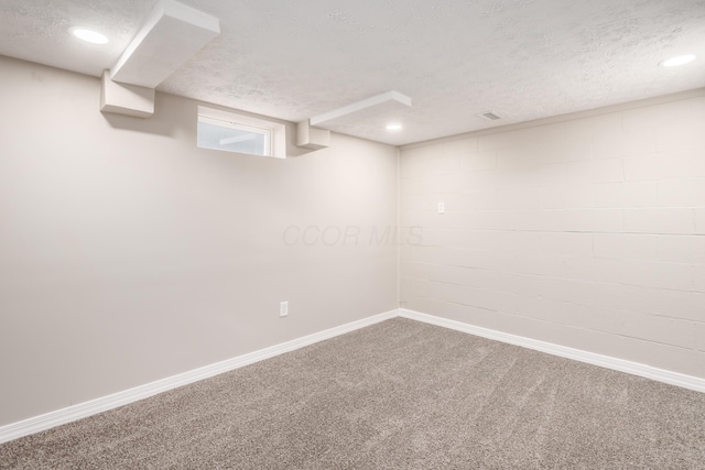 basement with carpet floors and a textured ceiling