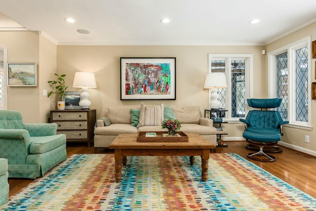 living room with hardwood / wood-style floors and crown molding