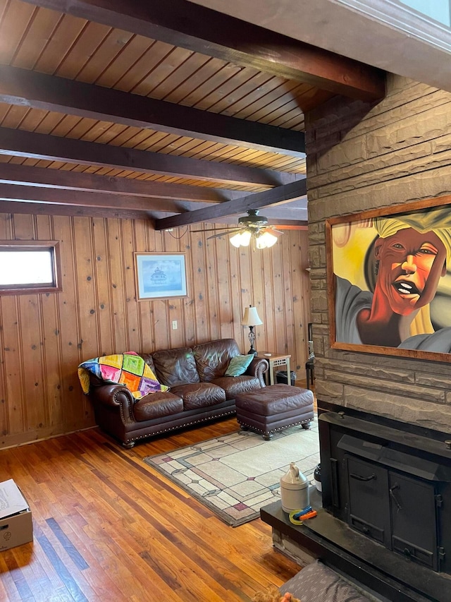 living room featuring wood-type flooring, wooden walls, and beam ceiling