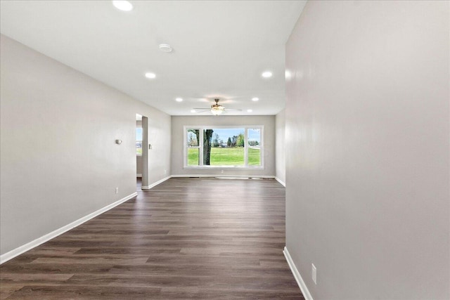 interior space featuring recessed lighting, baseboards, and ceiling fan