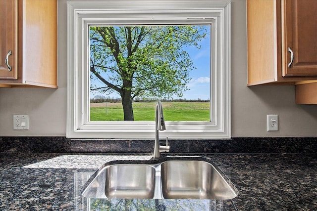 details with a sink and dark stone countertops