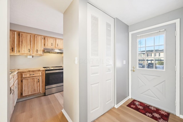 kitchen featuring stainless steel range with electric stovetop, light brown cabinetry, and light hardwood / wood-style flooring