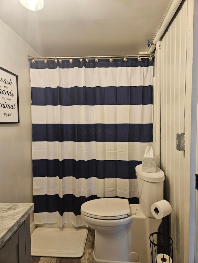 bathroom featuring toilet, vanity, and a shower with shower curtain