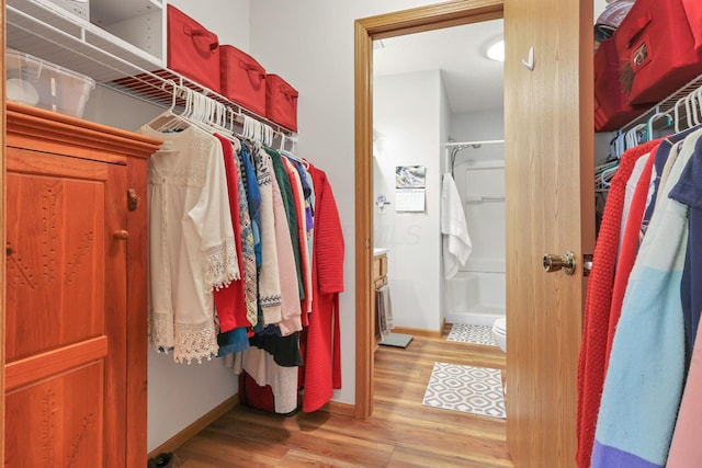 walk in closet with light hardwood / wood-style flooring