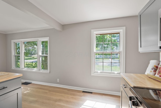 interior space featuring wood counters, beam ceiling, light hardwood / wood-style flooring, and stainless steel range with electric stovetop