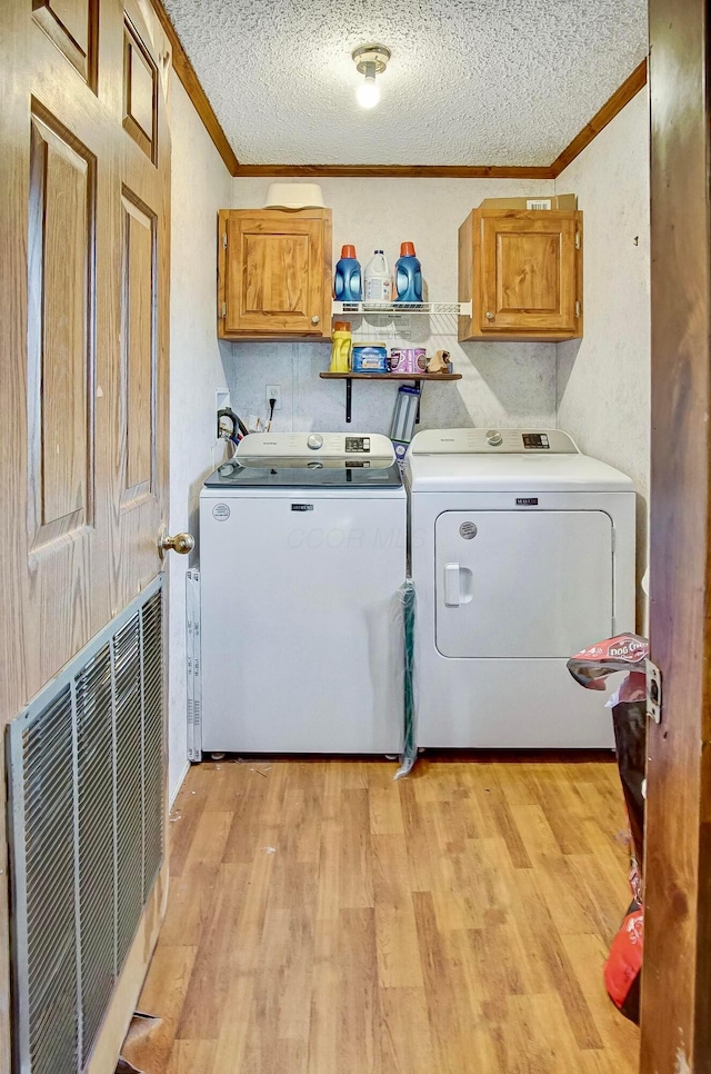 washroom featuring cabinets, ornamental molding, a textured ceiling, and light wood-type flooring