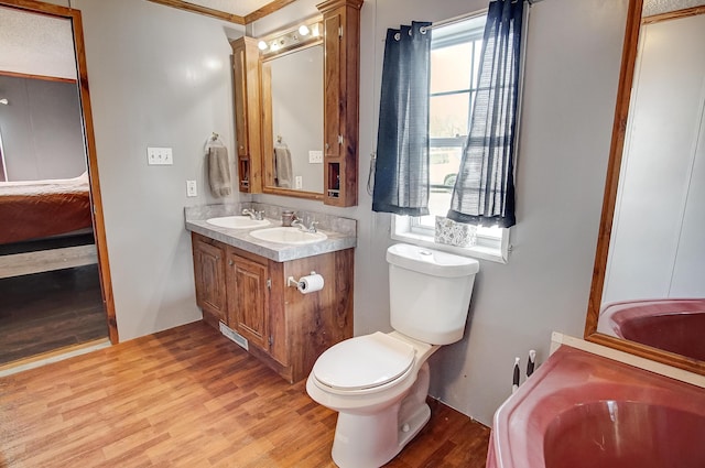 bathroom with decorative columns, vanity, wood-type flooring, a tub to relax in, and toilet