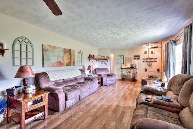 living room with ceiling fan, wood-type flooring, and a textured ceiling