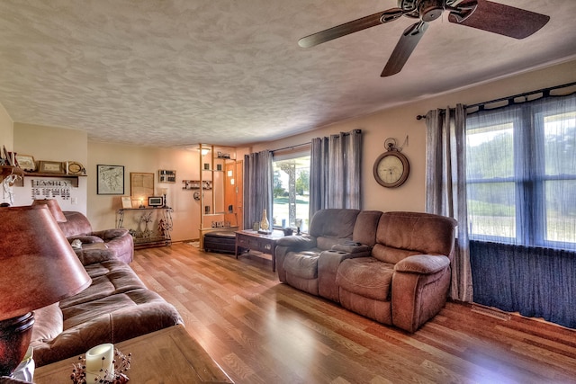 living room featuring ceiling fan, hardwood / wood-style floors, and a textured ceiling