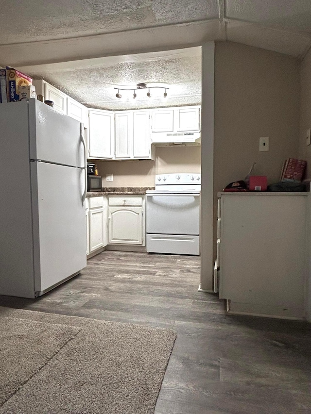 kitchen with white cabinetry, white appliances, hardwood / wood-style floors, and a textured ceiling