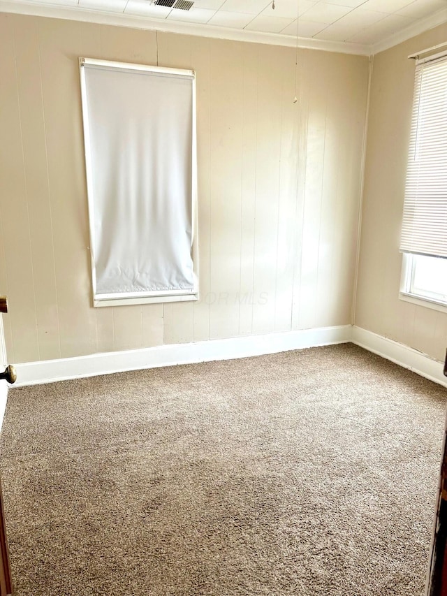 carpeted empty room featuring ornamental molding