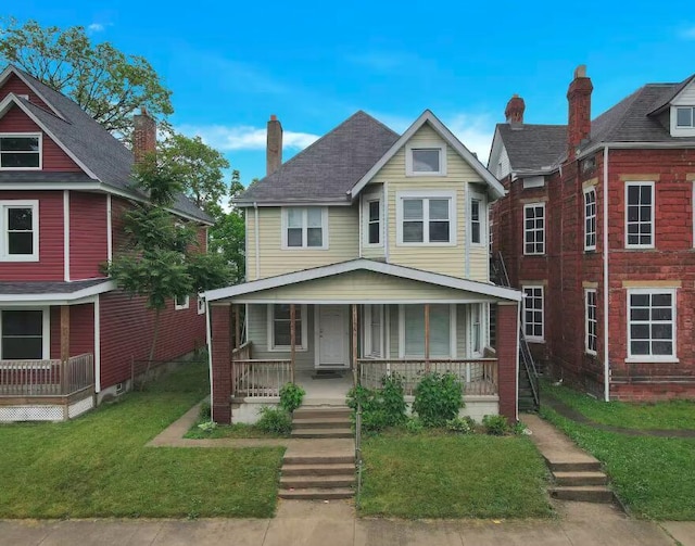 view of front of house featuring a porch and a front lawn