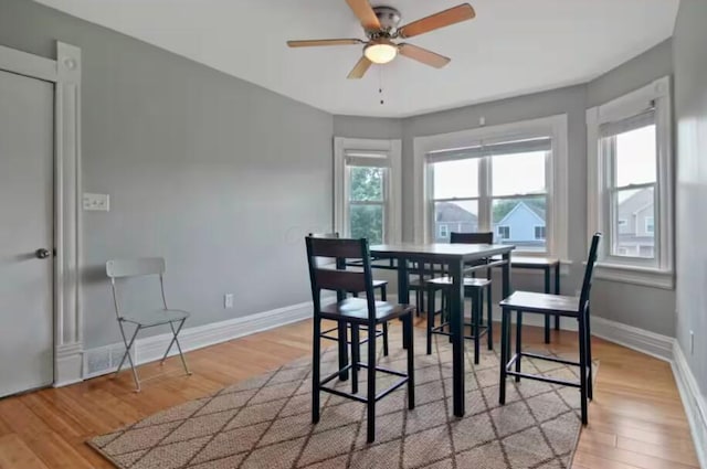 dining area featuring ceiling fan and light hardwood / wood-style flooring