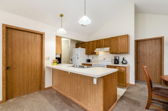 kitchen with sink, hanging light fixtures, kitchen peninsula, light carpet, and white appliances