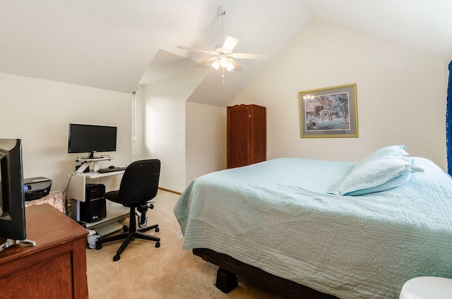 bedroom with vaulted ceiling, light colored carpet, and ceiling fan