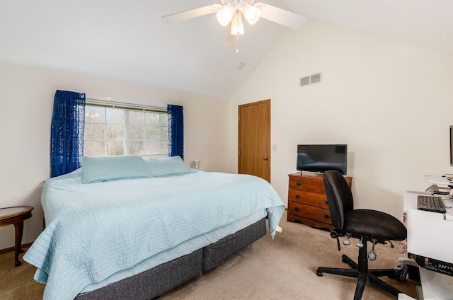 carpeted bedroom featuring high vaulted ceiling and ceiling fan