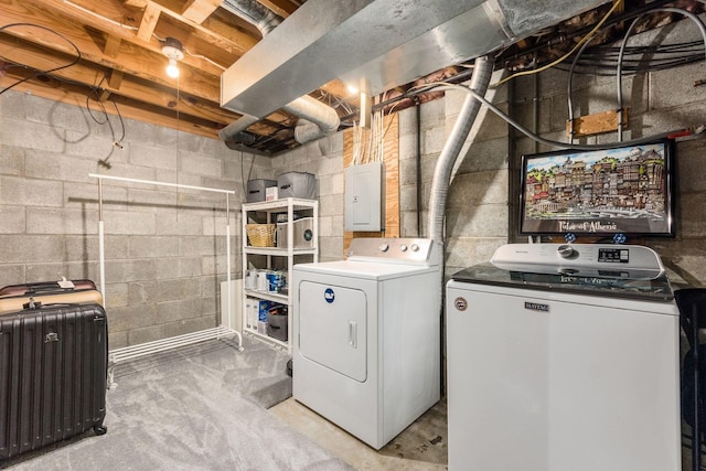 washroom featuring electric panel and washing machine and dryer