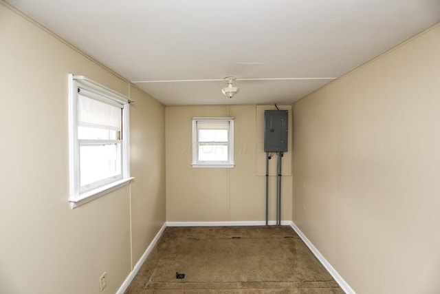 interior space featuring electric panel and carpet