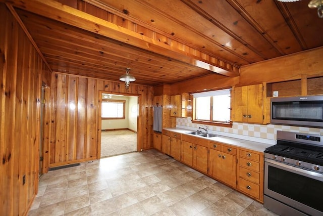 kitchen with sink, wood ceiling, stainless steel appliances, and a healthy amount of sunlight