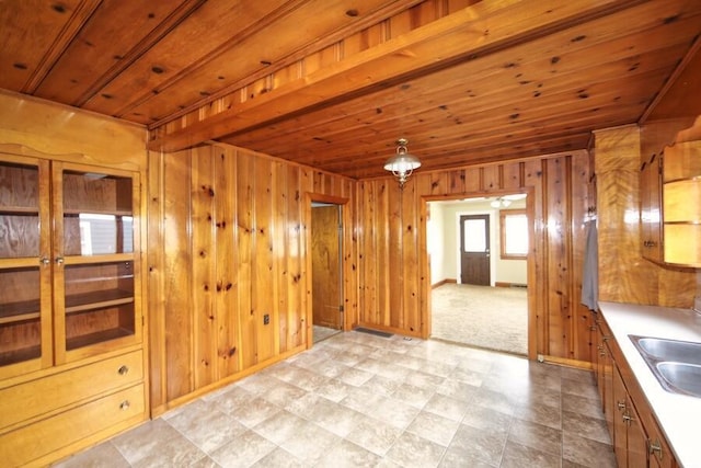 interior space featuring sink, wood ceiling, and wood walls