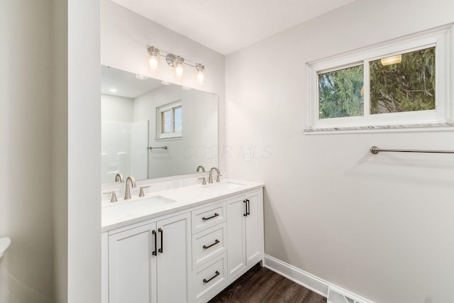 bathroom with hardwood / wood-style flooring and vanity