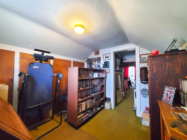 interior space featuring lofted ceiling and carpet floors