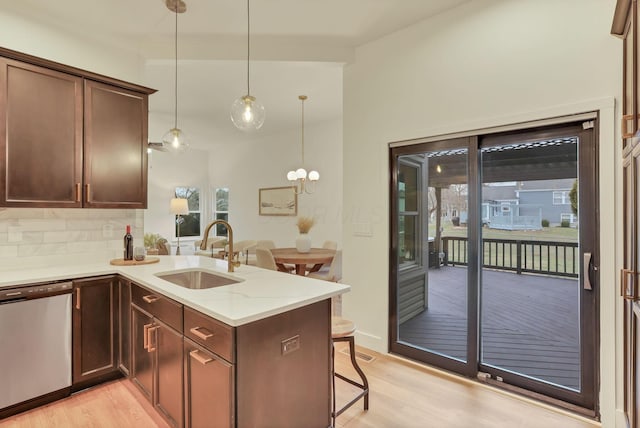 kitchen with pendant lighting, sink, stainless steel dishwasher, and kitchen peninsula