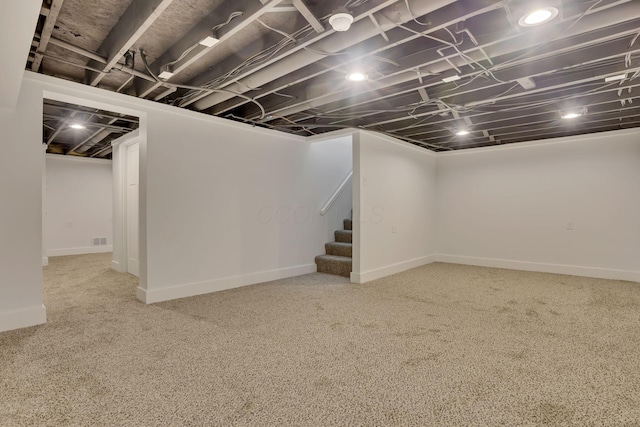 basement featuring carpet flooring