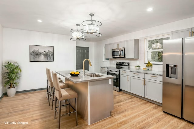 kitchen with pendant lighting, an island with sink, sink, stainless steel appliances, and light wood-type flooring