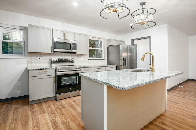 kitchen with hanging light fixtures, stainless steel appliances, sink, and a center island with sink