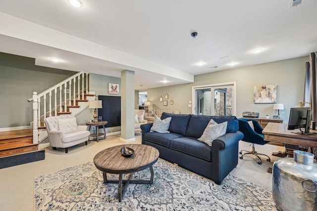 living room with light carpet