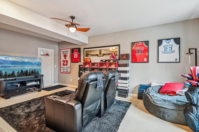 living room featuring carpet floors and ceiling fan