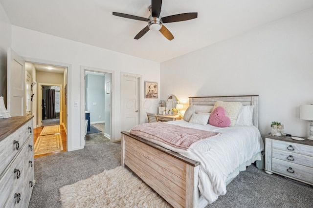 carpeted bedroom featuring ceiling fan