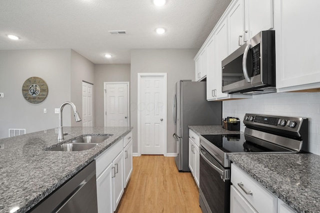 kitchen with white cabinetry, sink, dark stone counters, and appliances with stainless steel finishes