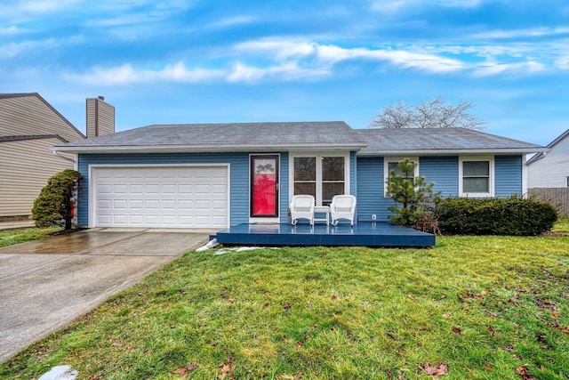 ranch-style house featuring a garage, covered porch, and a front lawn