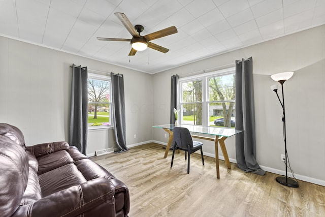 office space featuring plenty of natural light, a ceiling fan, light wood-style flooring, and visible vents